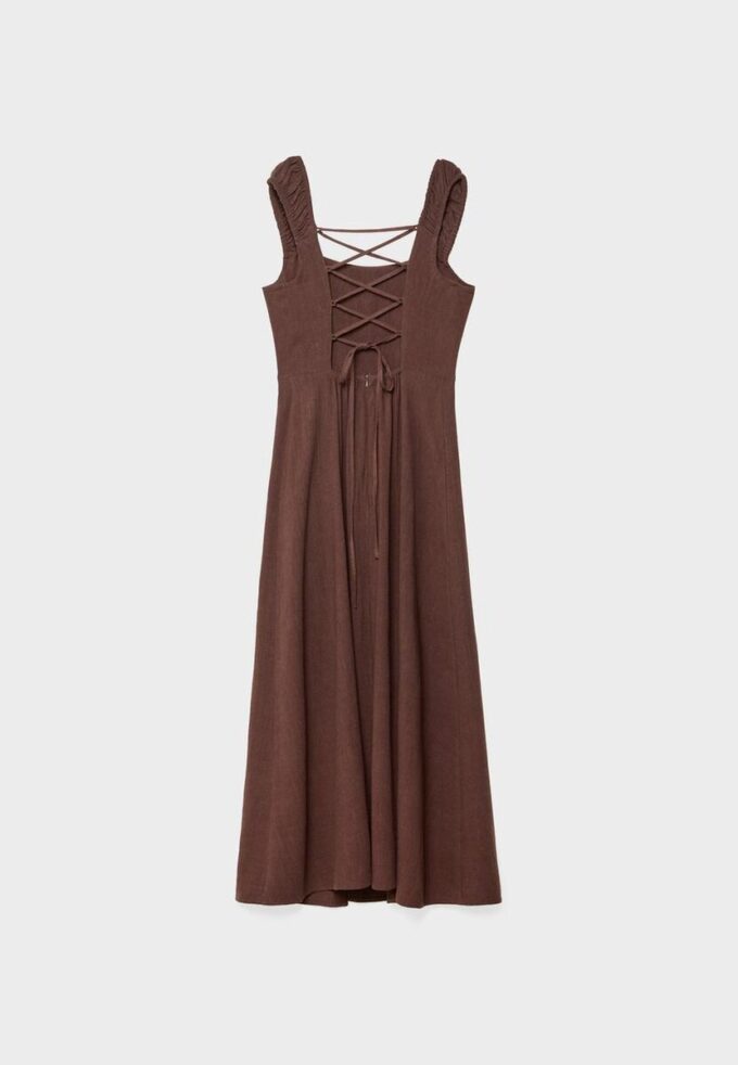 Vestido Midi com Costas Cruzadas com Efeito de Linho Vestido Midi com Costas Cruzadas com Efeito de Linho