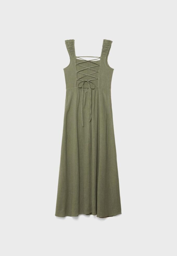 Vestido Midi com Costas Cruzadas com Efeito de Linho Vestido Midi com Costas Cruzadas com Efeito de Linho