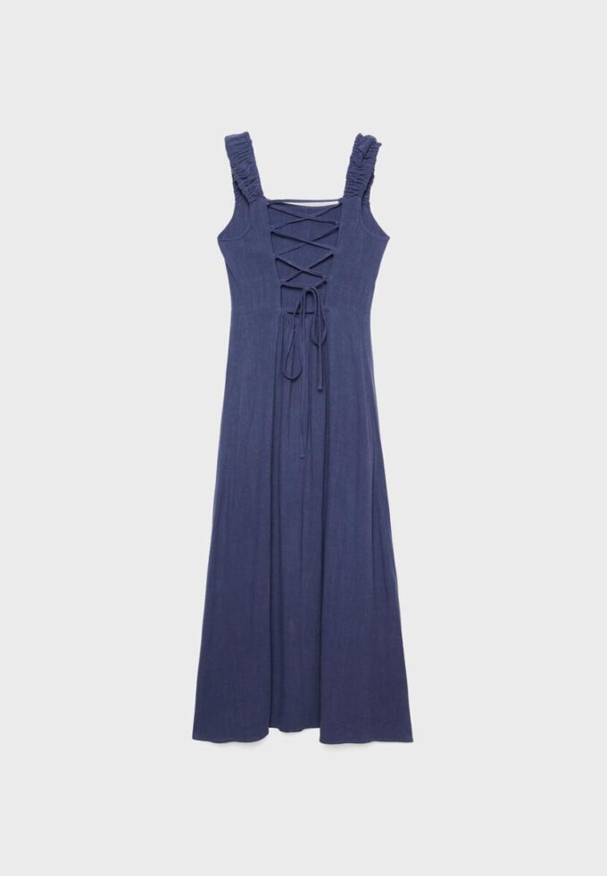 Vestido Midi com Costas Cruzadas com Efeito de Linho Vestido Midi com Costas Cruzadas com Efeito de Linho