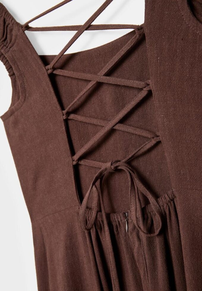 Vestido Midi com Costas Cruzadas com Efeito de Linho Vestido Midi com Costas Cruzadas com Efeito de Linho