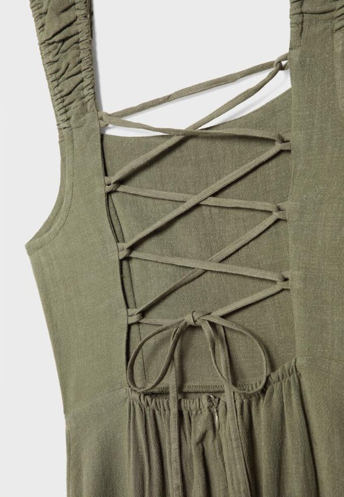 Vestido Midi com Costas Cruzadas com Efeito de Linho Vestido Midi com Costas Cruzadas com Efeito de Linho