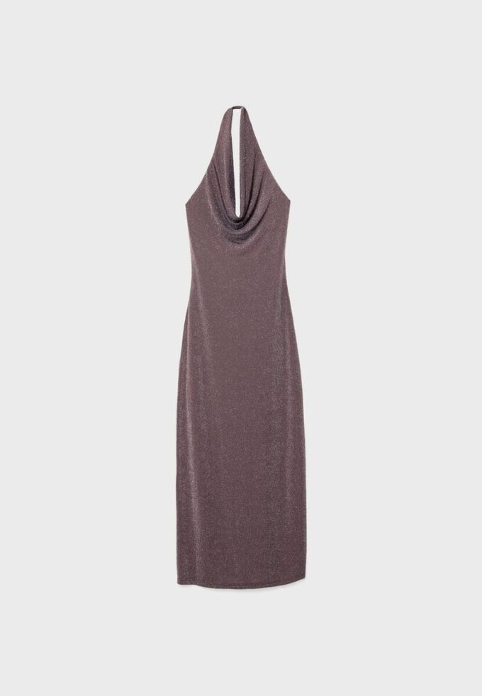 Vestido Midi com Fio Metálico e Decote Halter Vestido Midi com Fio Metálico e Decote Halter