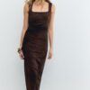 Vestido midi de tule com decote quadrado Vestido midi de tule com decote quadrado