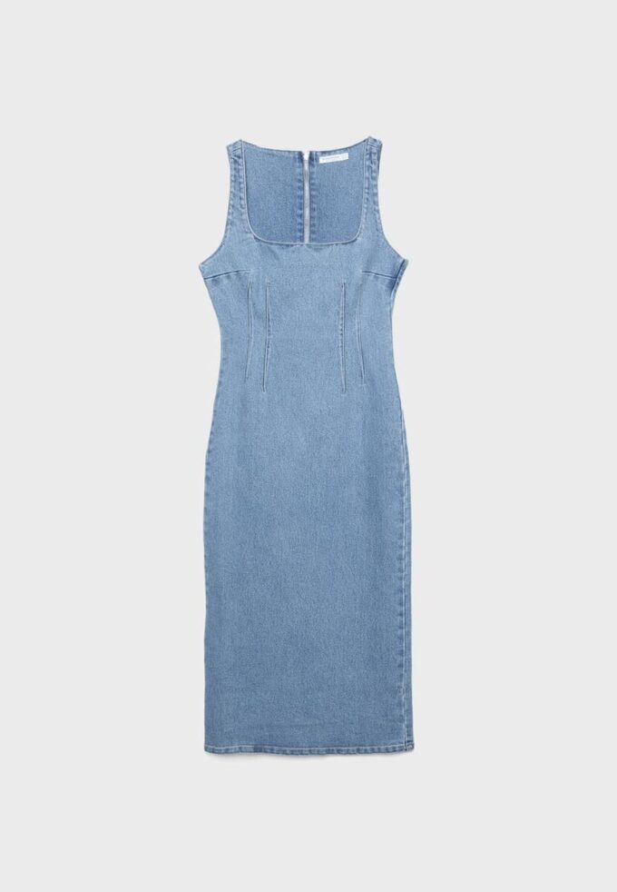 Vestido midi em ganga Vestido midi em ganga