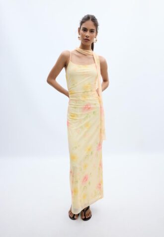 Vestido midi em tule estampado com lenço