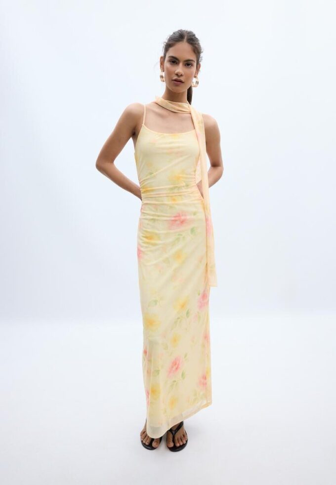Vestido midi em tule estampado com lenço Vestido midi em tule estampado com lenço