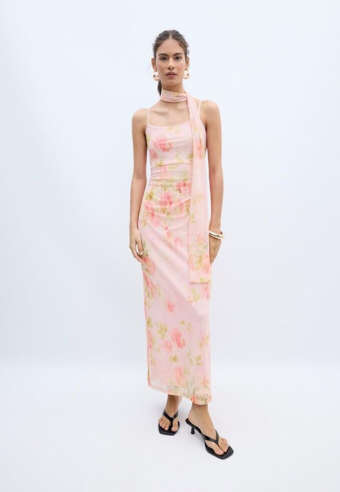 Vestido midi em tule estampado com lenço