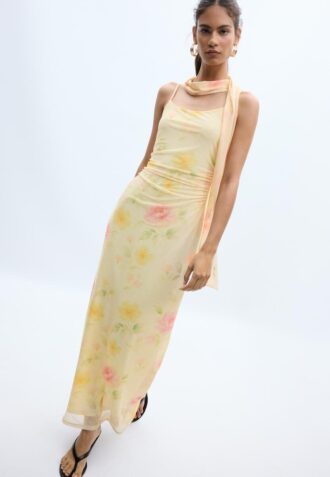 Vestido midi em tule estampado com lenço