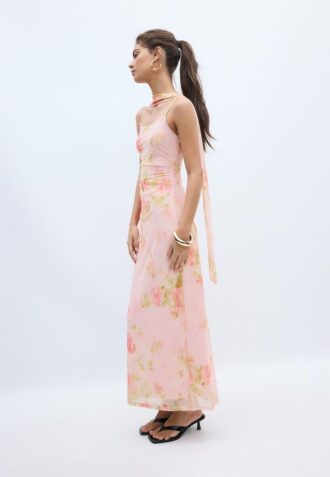 Vestido midi em tule estampado com lenço
