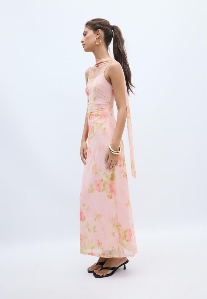 Vestido midi em tule estampado com lenço