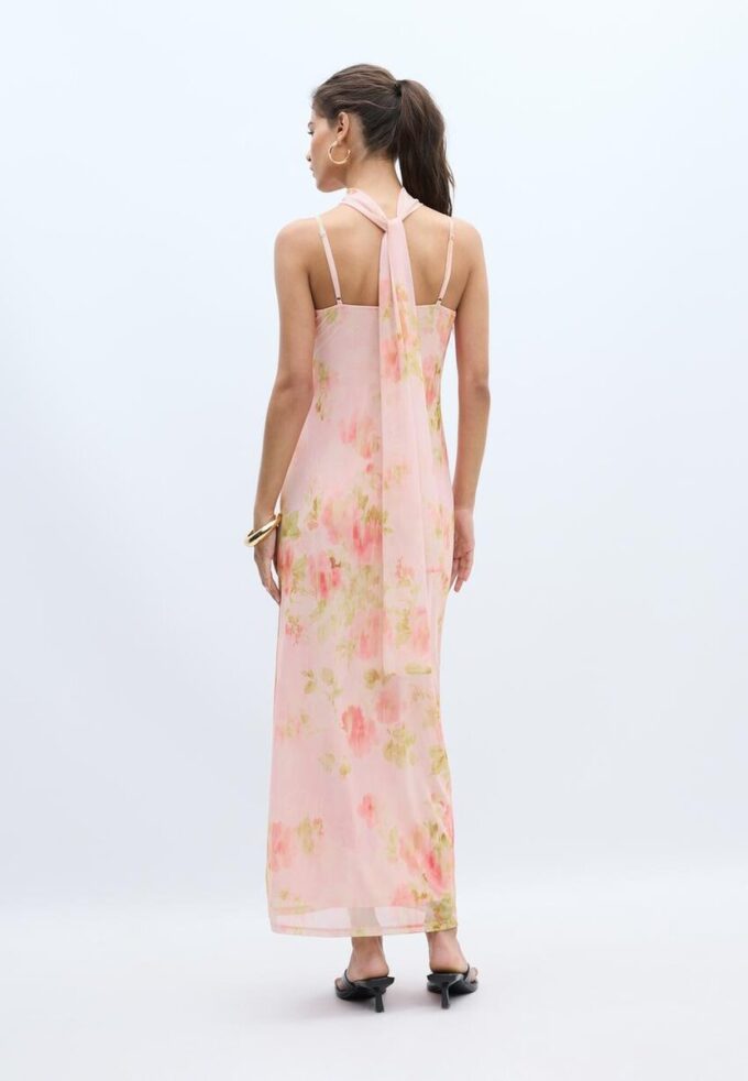 Vestido midi em tule estampado com lenço