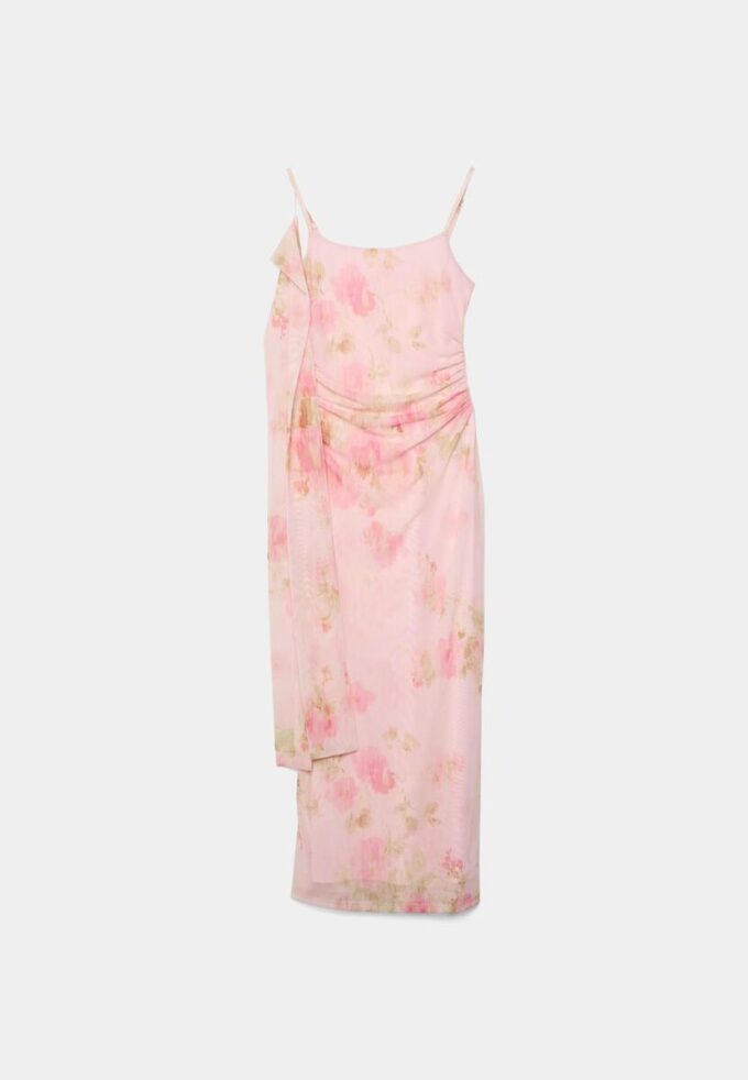 Vestido midi em tule estampado com lenço