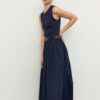 Vestido midi sem mangas em dois materiais com cinto