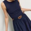 Vestido midi sem mangas em dois materiais com cinto
