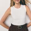 Vestido midi sem mangas em dois materiais com cinto