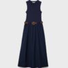 Vestido midi sem mangas em dois materiais com cinto