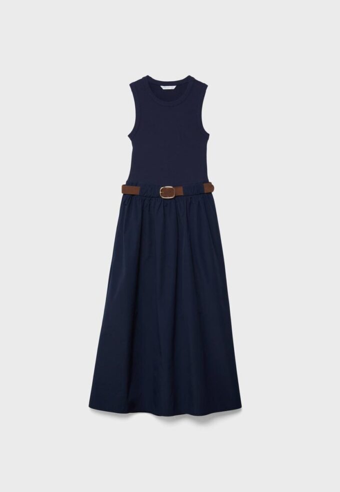 Vestido midi sem mangas em dois materiais com cinto