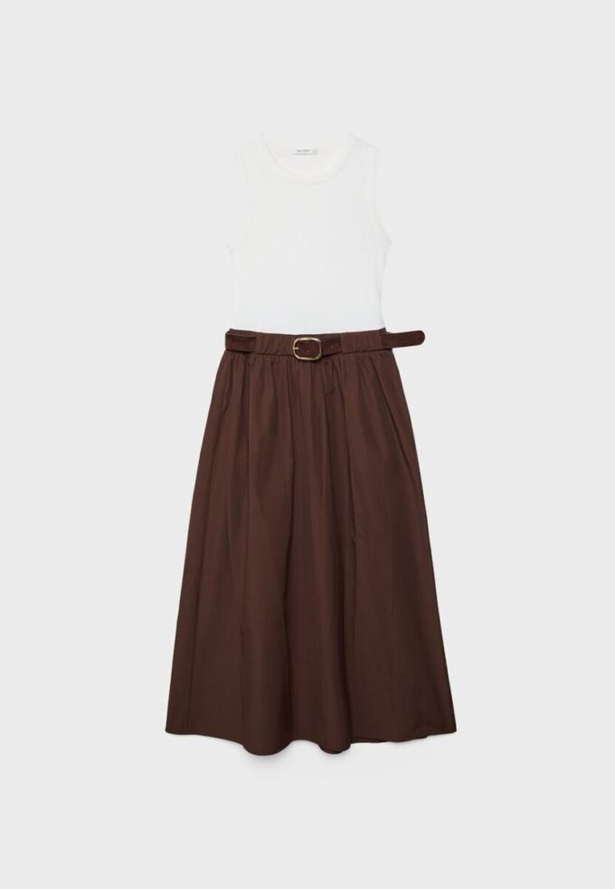 Vestido midi sem mangas em dois materiais com cinto