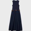 Vestido midi sem mangas em dois materiais com cinto