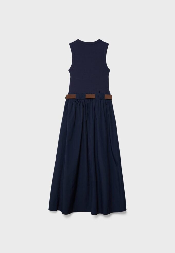 Vestido midi sem mangas em dois materiais com cinto