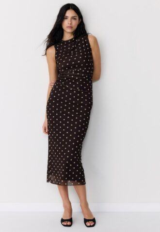 Vestido midi sem mangas em tule às bolinhas