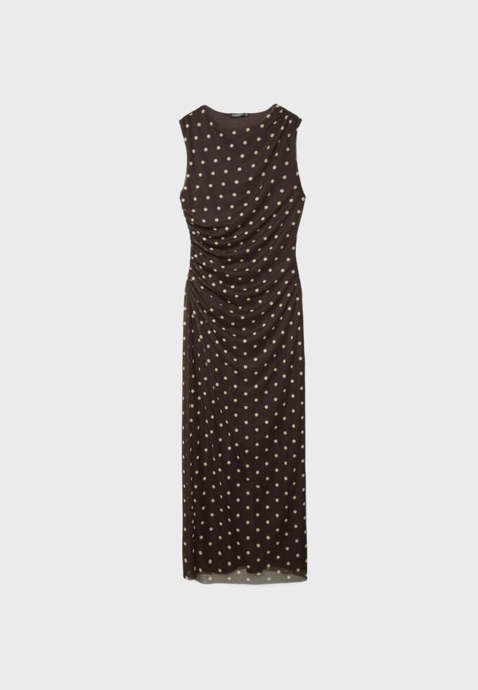 Vestido midi sem mangas em tule às bolinhas Vestido midi sem mangas em tule às bolinhas